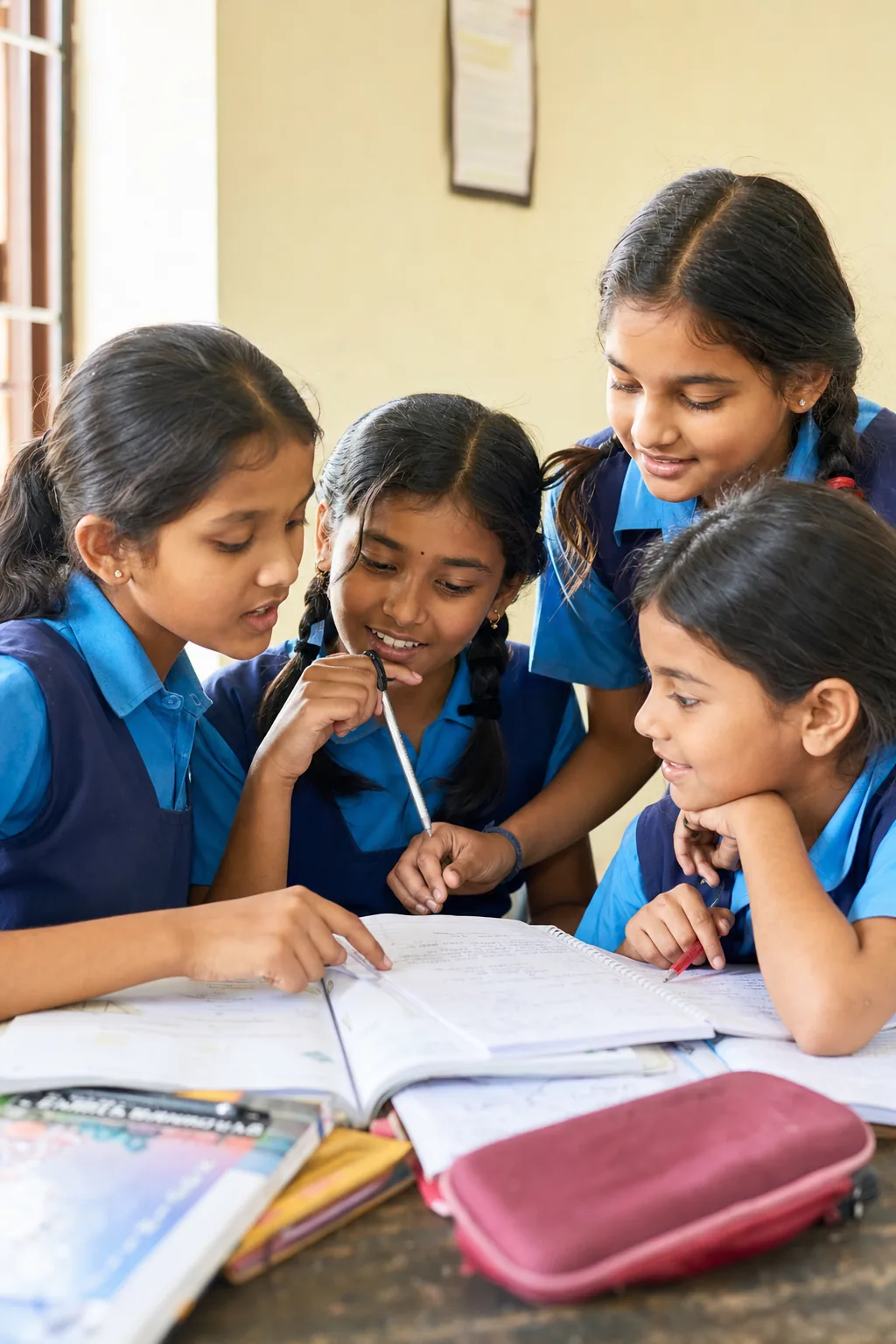 Four Indian schoolgirls learning together around an open workbook
